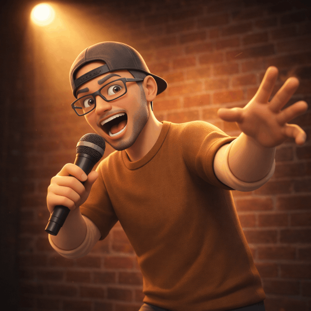 Close-up of a VR avatar on stage performing improv, dramatic spotlight, microphone in hand, brick wall behind, energetic pose.