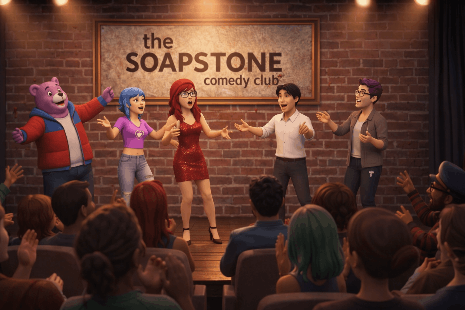 Behind-the-scenes of a VR improv show — multiple avatars on stage doing a group scene, audience reactions visible, warm lighting, wide angle.