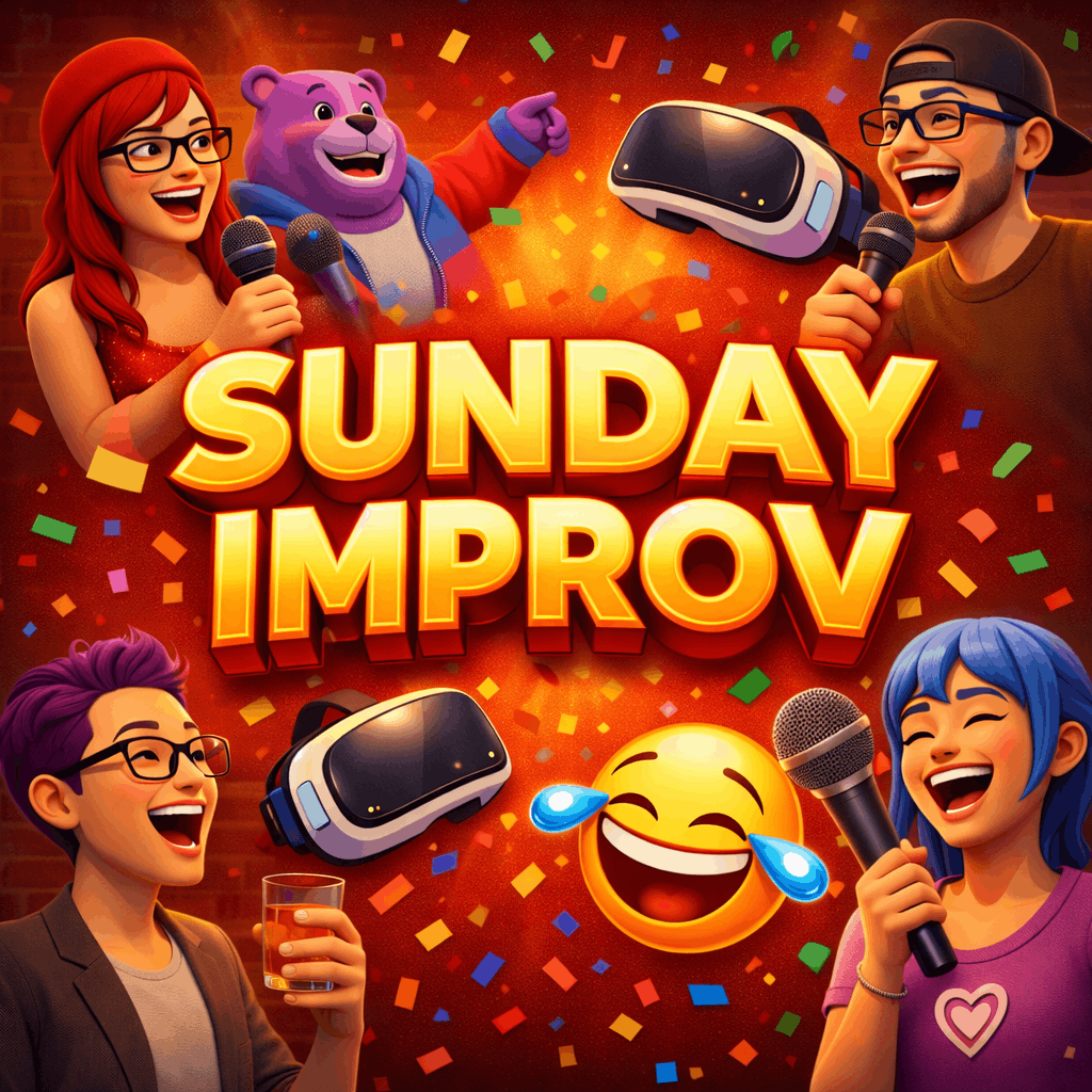 Fun collage-style graphic — 'Sunday Improv' text with confetti, laughing emojis, microphone, VR headset icons. Bold gold & red color palette.
