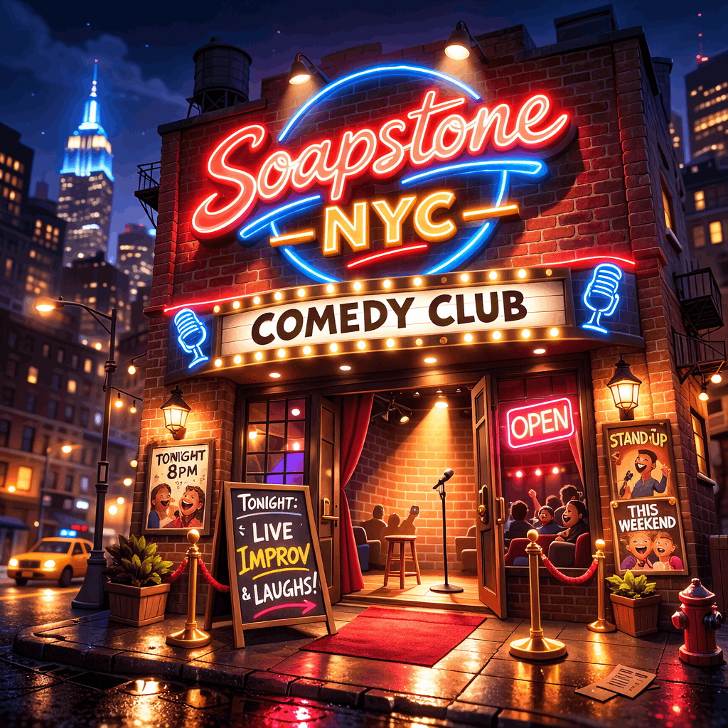VR comedy club exterior sign 'Soapstone NYC' in neon, brick building, night scene, rain-slicked street, vibrant and cinematic.