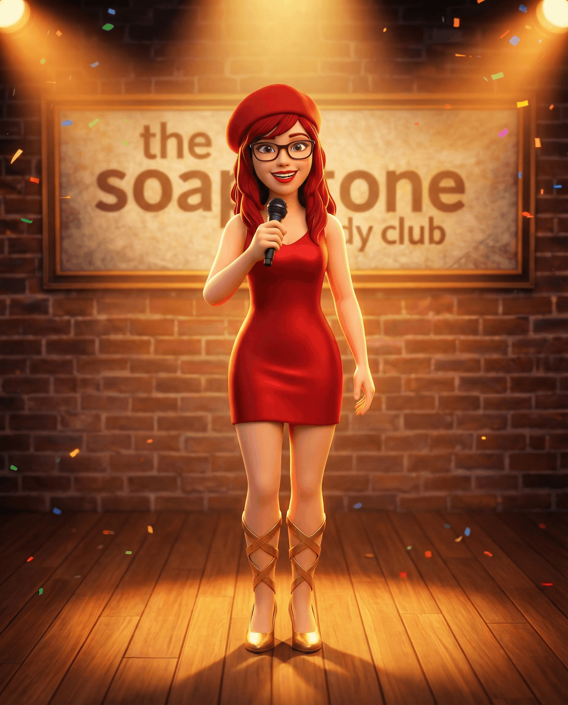 MissDelRey - full-body portrait of a stylized VR avatar (red-haired woman with glasses, holding a microphone) standing on a comedy club stage. Brick wall background, dramatic stage lighting in gold/warm tones. Style: 3D character render, vibrant and energetic.